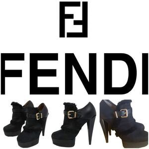 Fendi Leather Lace-Up Boots Shearling Trim